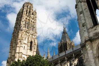 Tower and facade of Notre Dame cathedral in Rouen, France, Normandie