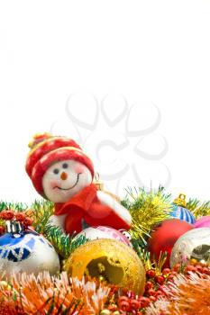 Christmas card - Lovely snowman and decoration balls over white