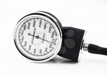 Closeup of medical sphygmomanometer isolated over white