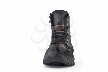 Front view of Warm leather boot for wearing in winter or traveling (isolated, over white)