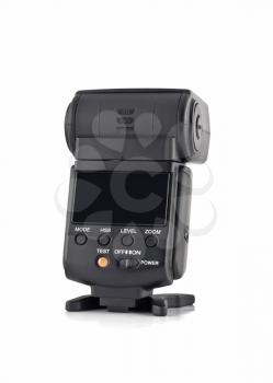 Rear view of Professional flash on stand for digital camera isolated over white background