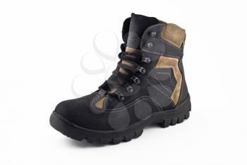 Warm leather boot for traveling in winter (isolated, over white)  