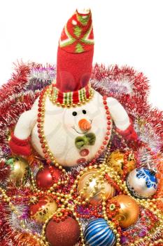 Xmas greetings - Funny white snowman and decoration balls over white