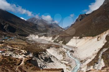 Himalaya Landscape: highland village and peaks. Travel in Nepal  