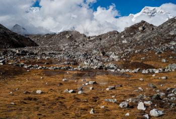 Himalaya landscape: moraine and mountain peaks. Travel to Nepal