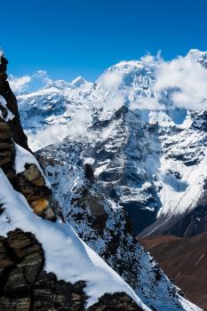 Mountains and rocks viewed from Renjo pass in Himalayas.Travel to Nepal