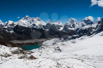 Famous peaks from Renjo Pass: Everest, Makalu, Lhotse, Nuptse, Cholatse. Travel to Nepal