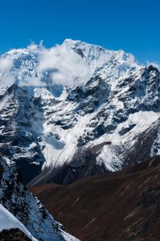 Snowed Mountain range scene viewed from Renjo pass in Himalaya