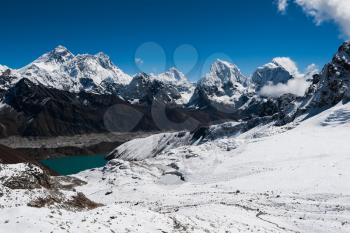 Famous peaks view from Renjo Pass: Everest, Makalu, Lhotse, Nuptse, Cholatse, Taboche in Himalayas