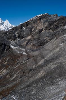 Mountain ridge view from Renjo pass in Himalayas. Trekking in Nepal