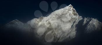 Himalya summits Everest and Nuptse before sunset panoramic view