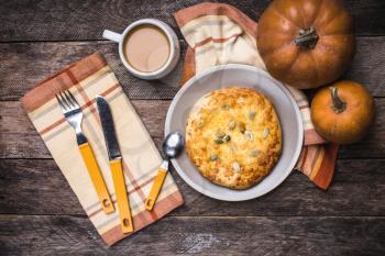 Morning coffee with flatbread and pumpkins in rustic style. Breakfast and lunch Food photo