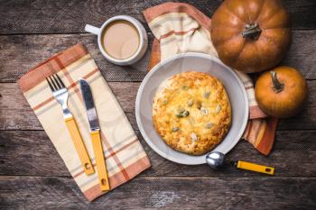 Morning coffee with flat bread and pumpkins in rustic style. Breakfast and lunch Food photo