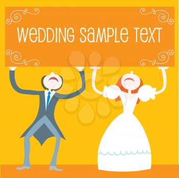 Royalty Free Clipart Image of a Wedding Couple Holding a Sign