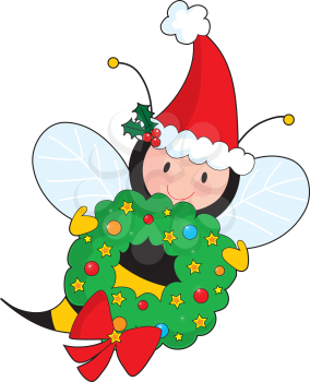 Royalty Free Clipart Image of a Bee in a Santa Hat Holding a Christmas Wreath