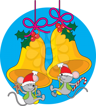 Royalty Free Clipart Image of Mice Swinging on Bell Clappers