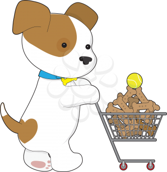 Royalty Free Clipart Image of a Dog With a Grocery Cart of Dog Biscuits