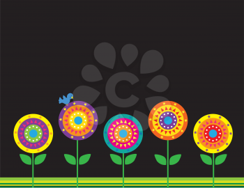 Royalty Free Clipart Image of Stylized Flowers on a Black Background