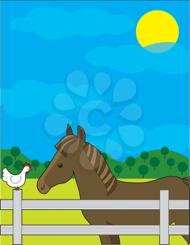 Royalty Free Clipart Image of a Horse in a Field With a Chicken on the Fence