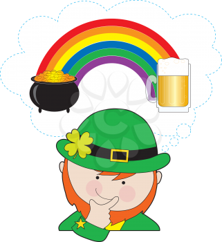 Royalty Free Clipart Image of a Leprechaun Thinking About Beer and the Pot of Gold at the Rainbow