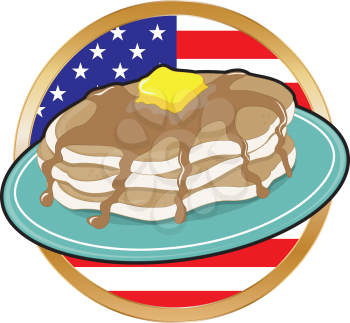 Royalty Free Clipart Image of a Stack of Pancakes in Front of the United States Flag