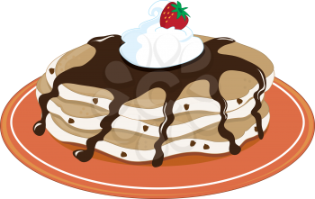 Royalty Free Clipart Image of a Stack of Pancakes With Chocolate Sauce and Whipped Cream
