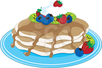 Royalty Free Clipart Image of a Stack of Pancakes With Fruit and Whipped Cream