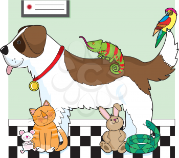 Royalty Free Clipart Image of a Group of Pets at the Vet