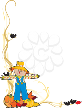 Royalty Free Clipart Image of a Scarecrow With Vegetables and Leaves