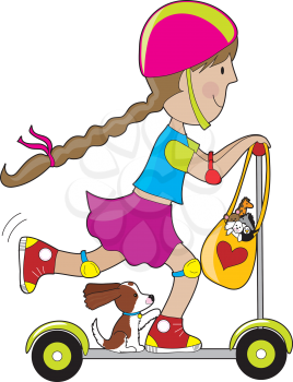 Royalty Free Clipart Image of a Girl and a Dog on a Scooter