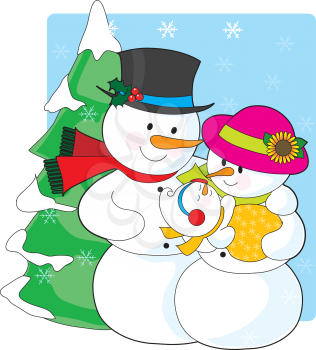 Royalty Free Clipart Image of a Snow Couple With a New Baby