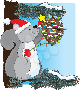 Royalty Free Clipart Image of a Squirrel Decorating an Acorn for Christmas