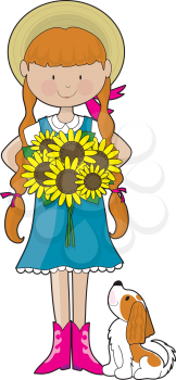 Royalty Free Clipart Image of a Young Girl With Sunflowers
