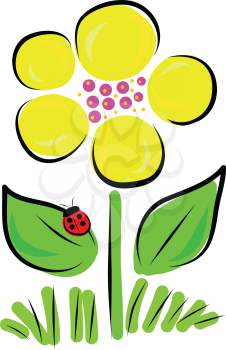 A stylized daisy in full bloom, rises above a few blades of grass. A red ladybug sits on one of the flower's leaves.