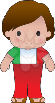 A smiling, well dressed young lad wears clothing representative of Italy.