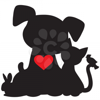 A silhouette of a group of pets including a dog,cat,rabbit and bird. There is a red heart on the dogs chest