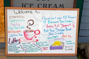 Colorful hand-drawn ice cream parlor menu.
