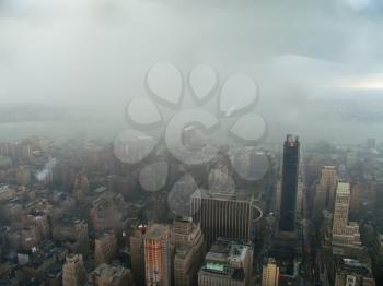 Aerial views of New York City in the storm, USA