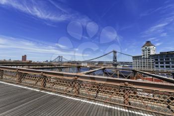 Views of historic Brooklyn Bridge in New York City.
