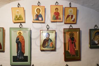 Pskov, Russia- June 6, 2016: Ancient Russian Orthodox Icons displayed in a monastery.