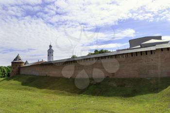 Veliky Novgorod, Russia-June 8,2016:Novgorod Kremlin stands on the left bank of the Volkhov River. The first reference to fortifications on the site dates to 1044, with additional construction taking place in 1116.