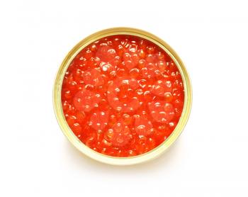 red caviar in the open metal container isolated on white, top view