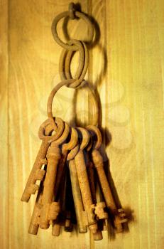 bunch of old rusty keys hanging on a wooden wall