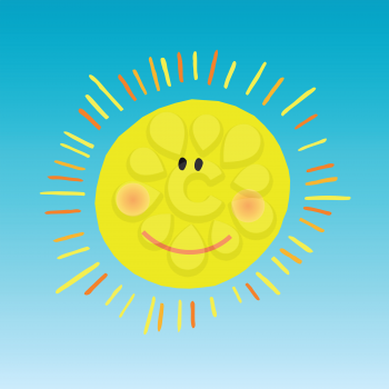 Royalty Free Clipart Image of a Smiling Sun on Blue