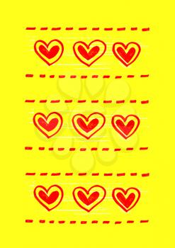 Bright yellow background with abstract red heart pattern