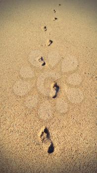 Human footprints in the sand, natural vintage background