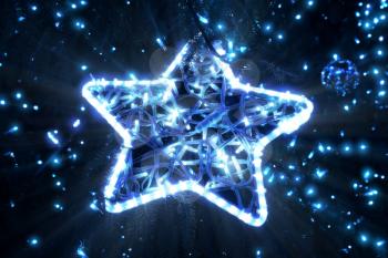 Bright beautiful glowing star close-up on a Christmas tree in the evening, holiday background