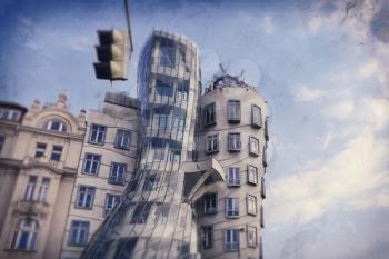 Dancing House (Ginger and Fred). Modern Architecture in Prague, Czech Republic. Abstract effect background.