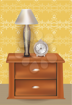 Royalty Free Clipart Image of  a Lamp and Clock on a Nightstand
