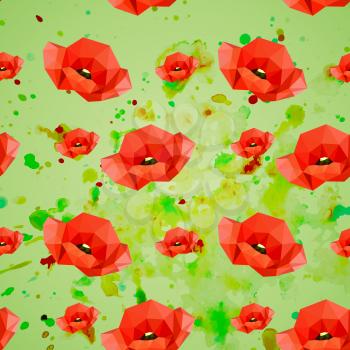 Illustration of seamless pattern with red poppies on watercolor background